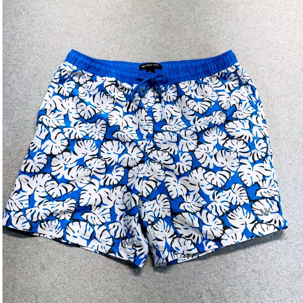 Michael Kors Men's Swim Trunks Large Blue White Tropical Leaf Print Board Shorts